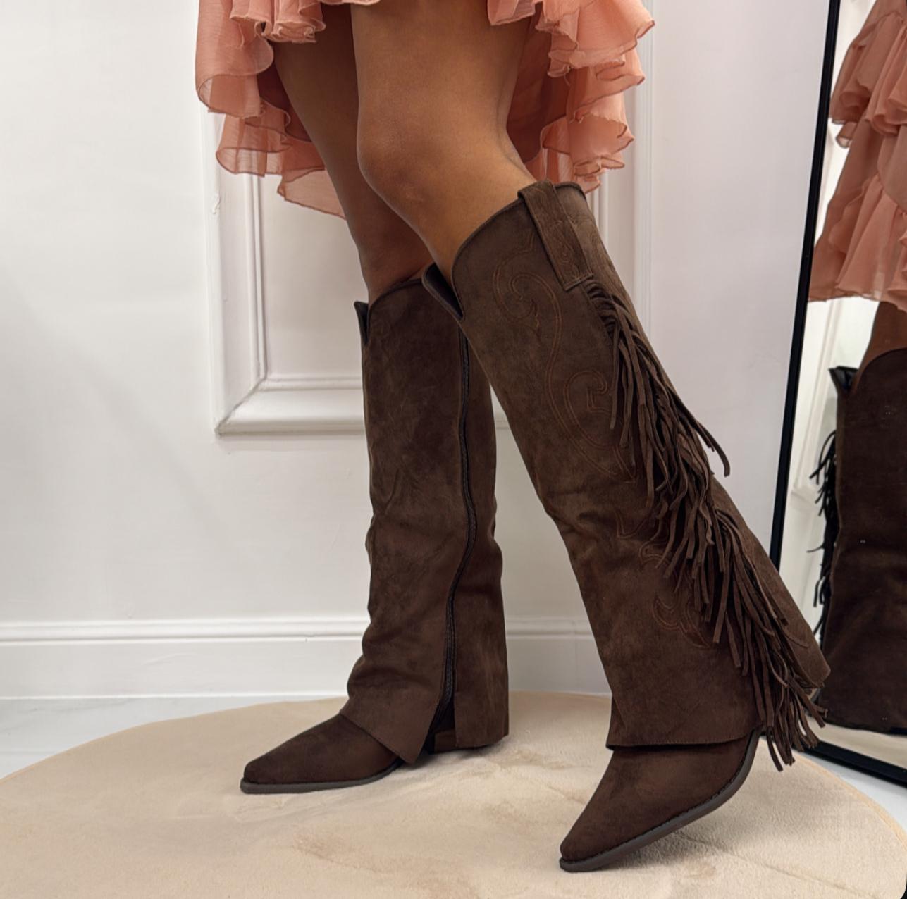 Sky - Stivale Alto Tacco Donna Texano Frange Marrone