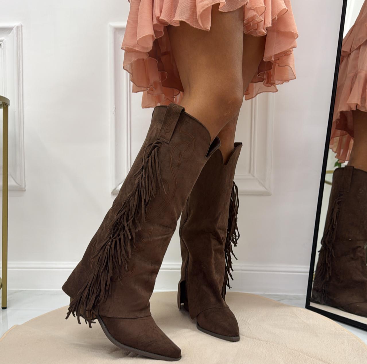 Sky - Stivale Alto Tacco Donna Texano Frange Marrone