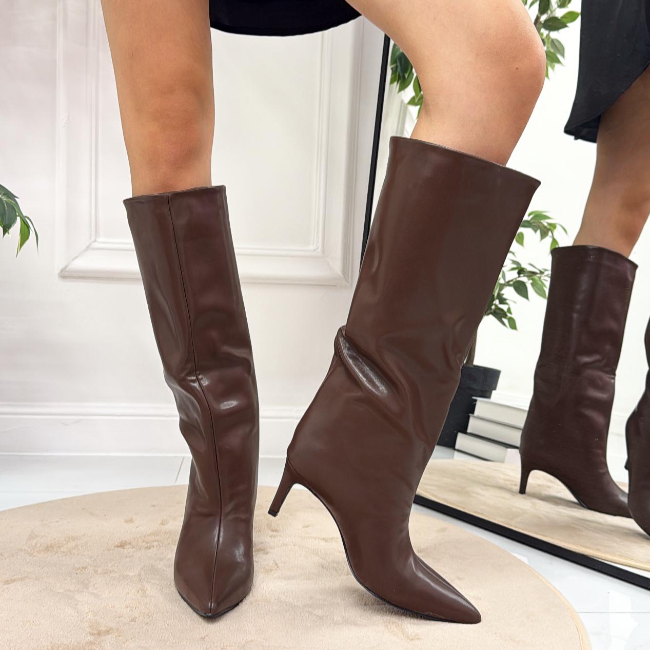 Parigi - Stivale Donna Alto Tacco Punta Casual Elegante Marrone