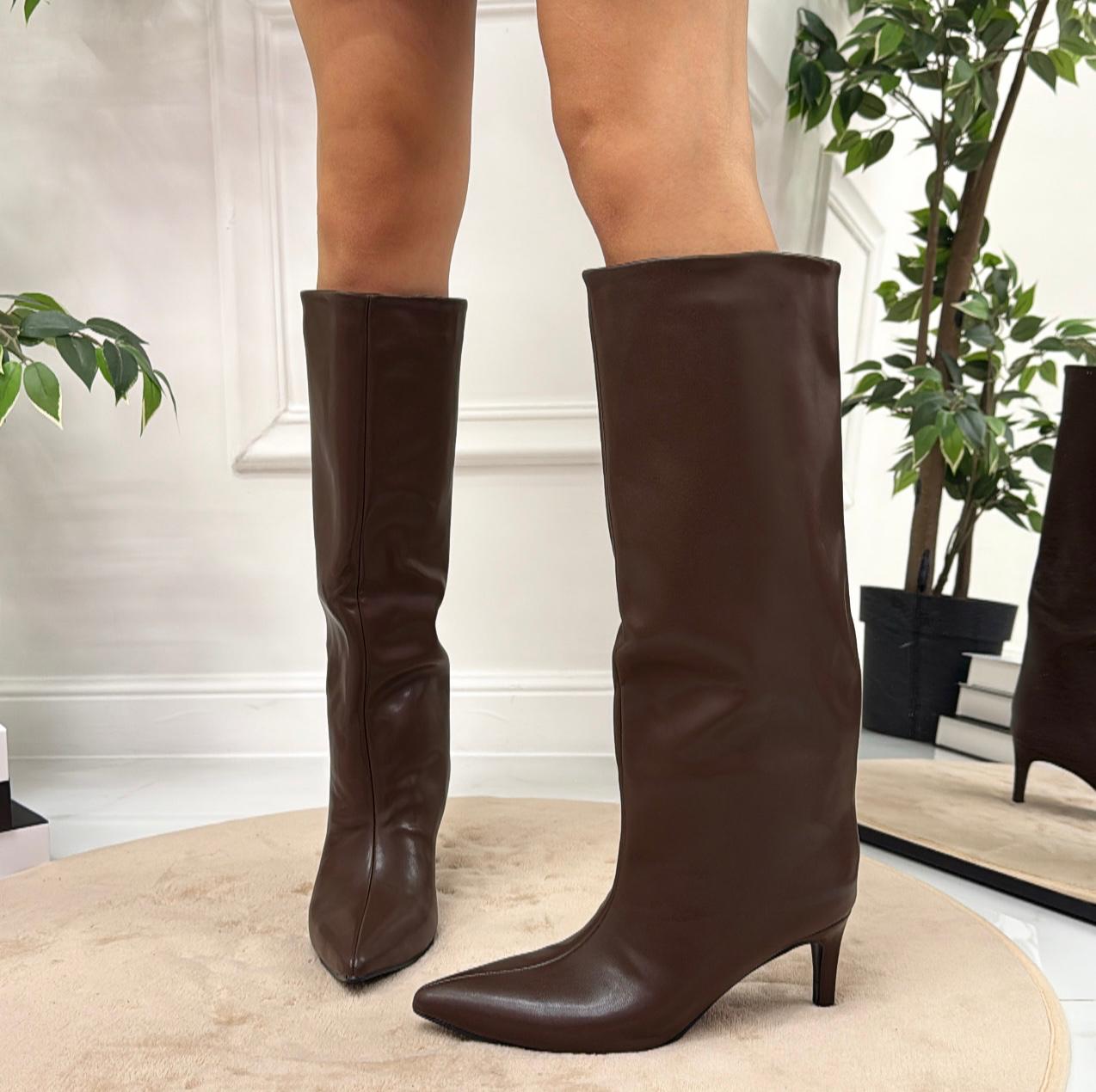 Parigi - Stivale Donna Alto Tacco Punta Casual Elegante Marrone