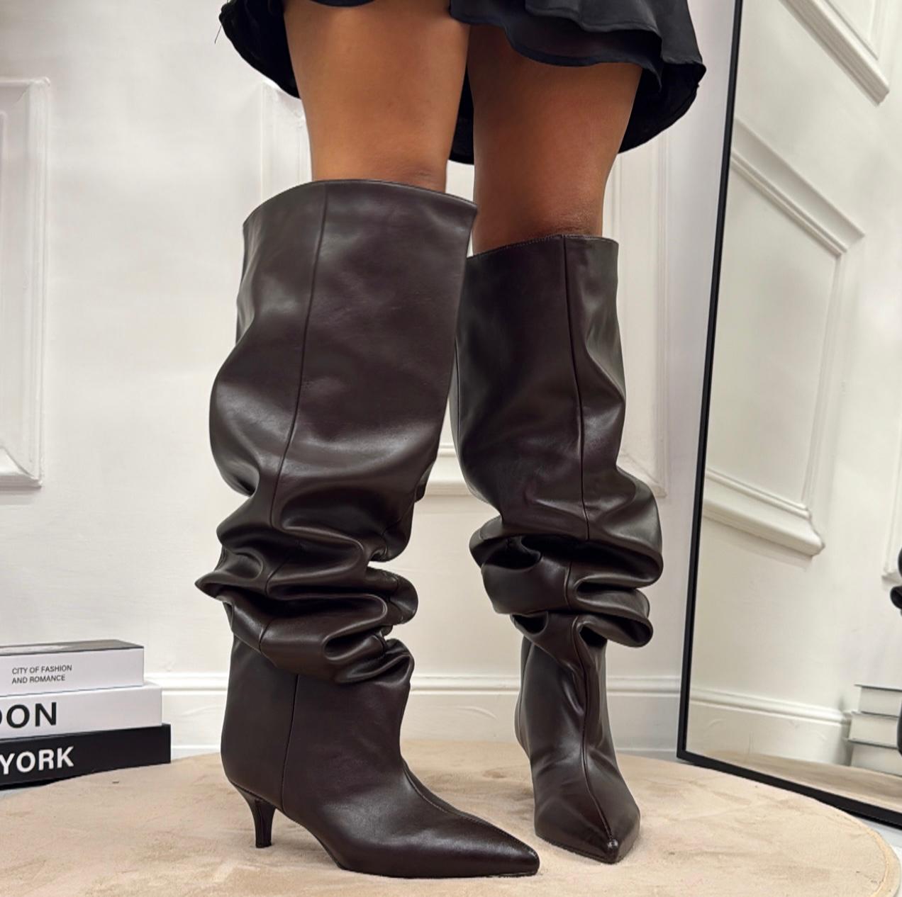 Noemi - Stivale Donna Alto Tacco Punta Casual Elegante Marrone