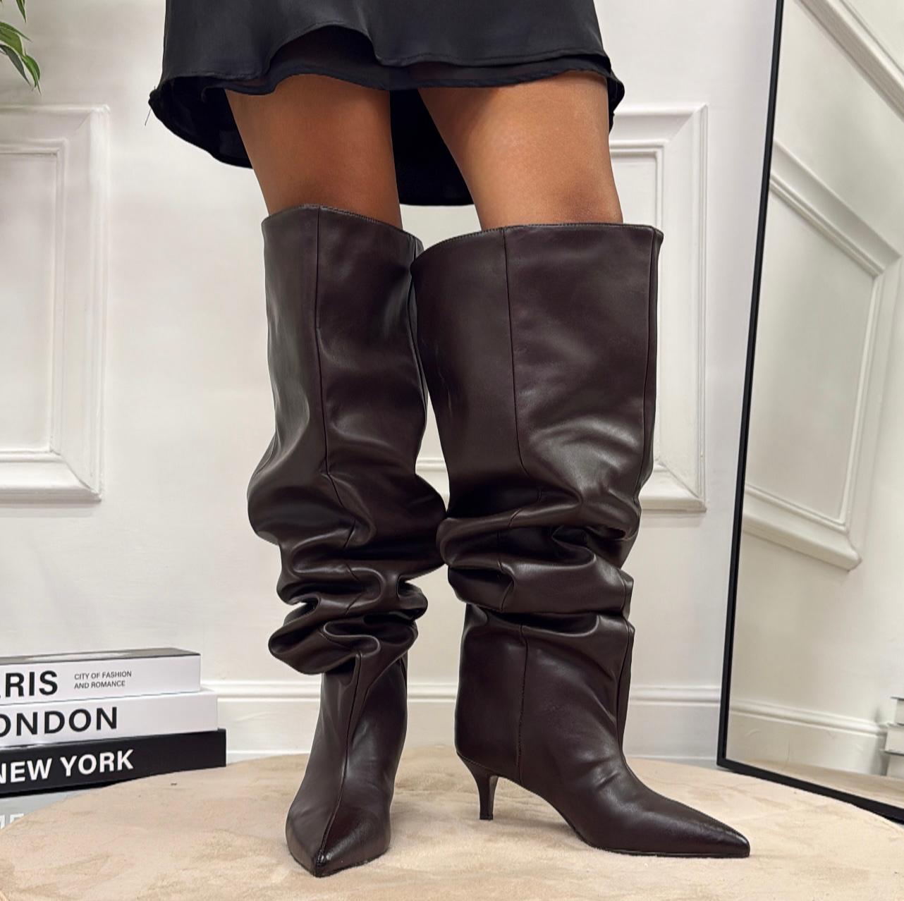 Noemi - Stivale Donna Alto Tacco Punta Casual Elegante Marrone