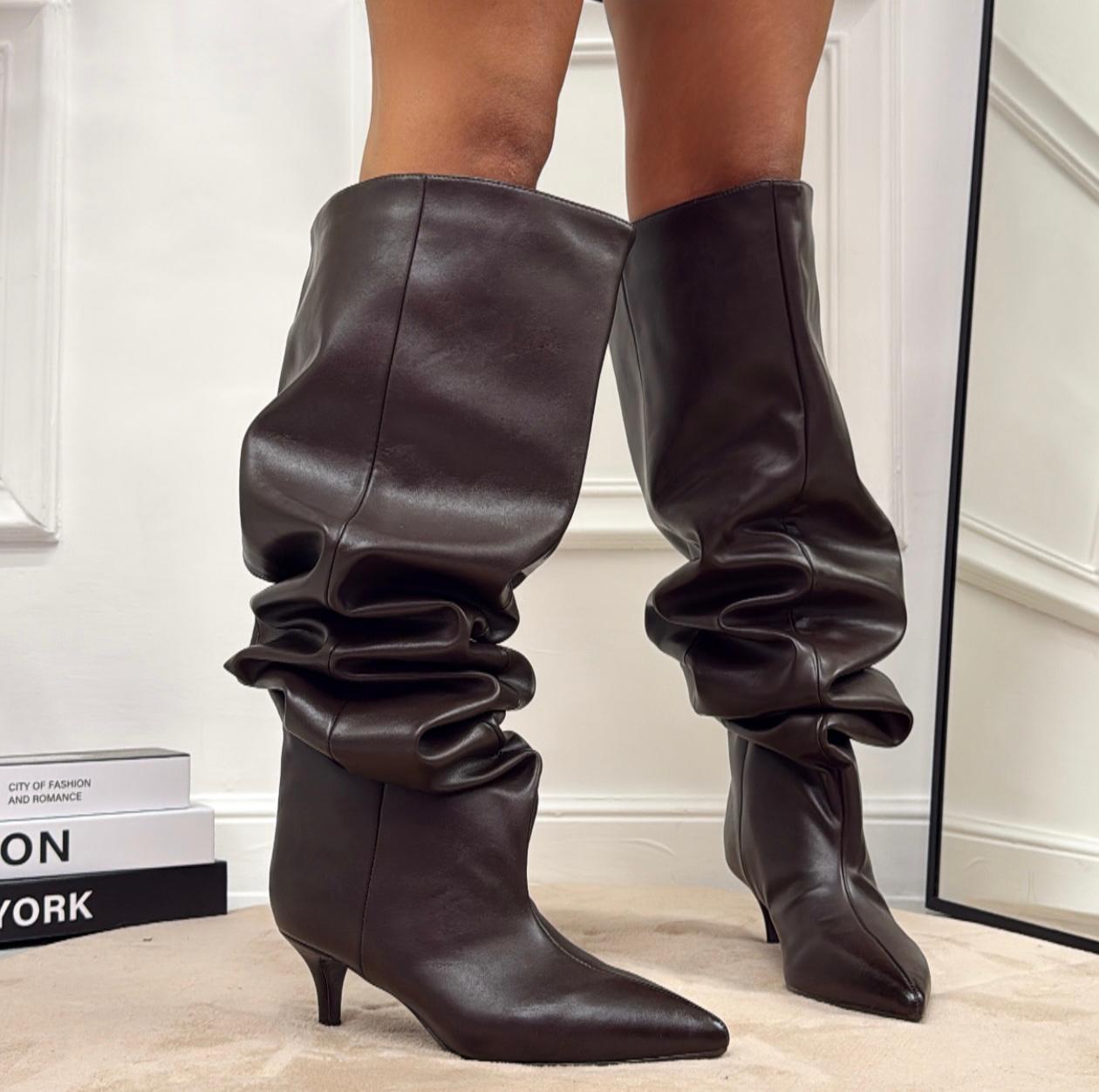 Noemi - Stivale Donna Alto Tacco Punta Casual Elegante Marrone