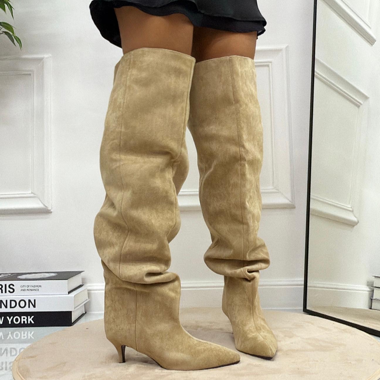 Laila - Stivale Donna Alto Tacco Punta Casual Elegante Beige