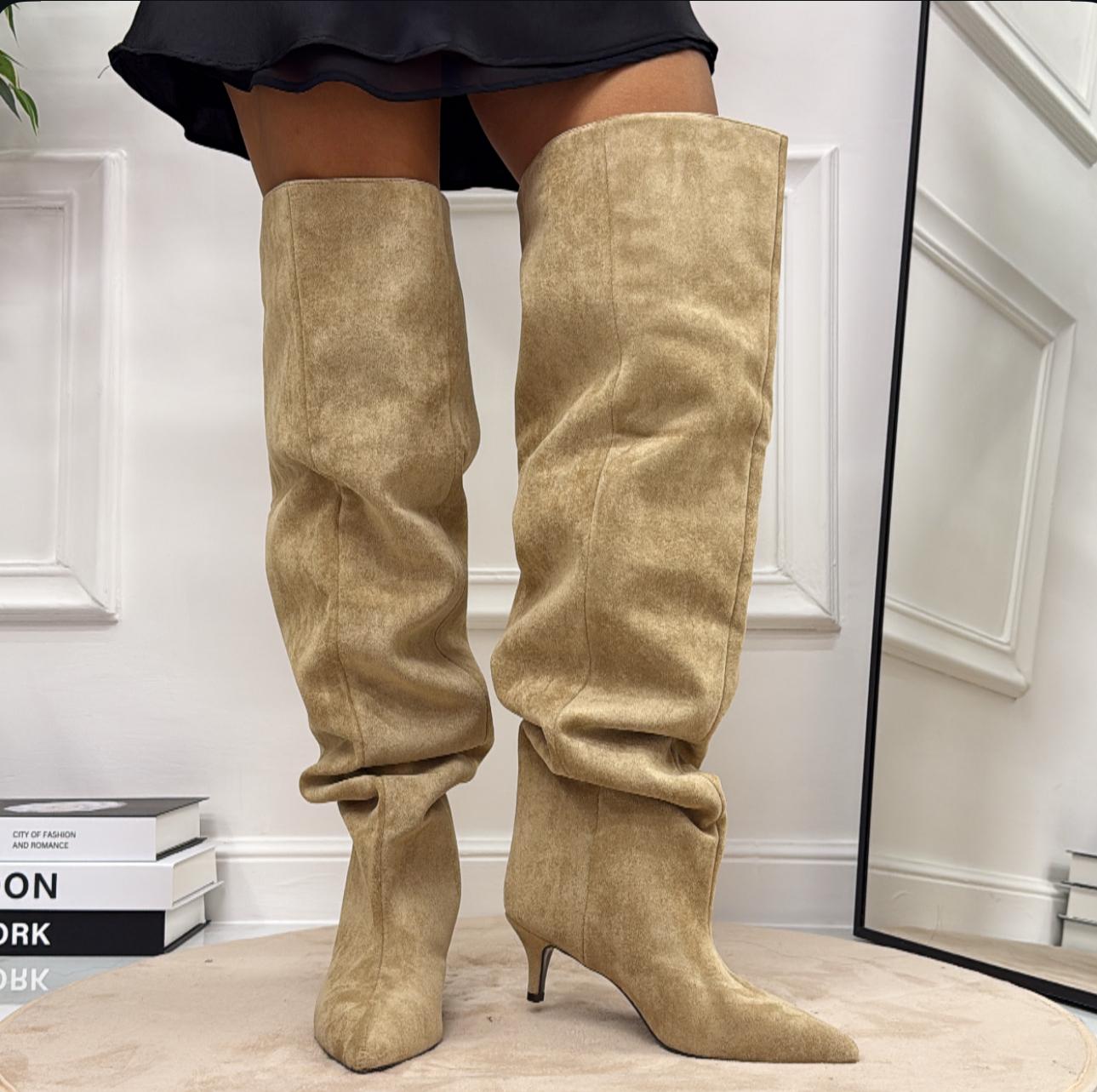 Laila - Stivale Donna Alto Tacco Punta Casual Elegante Beige