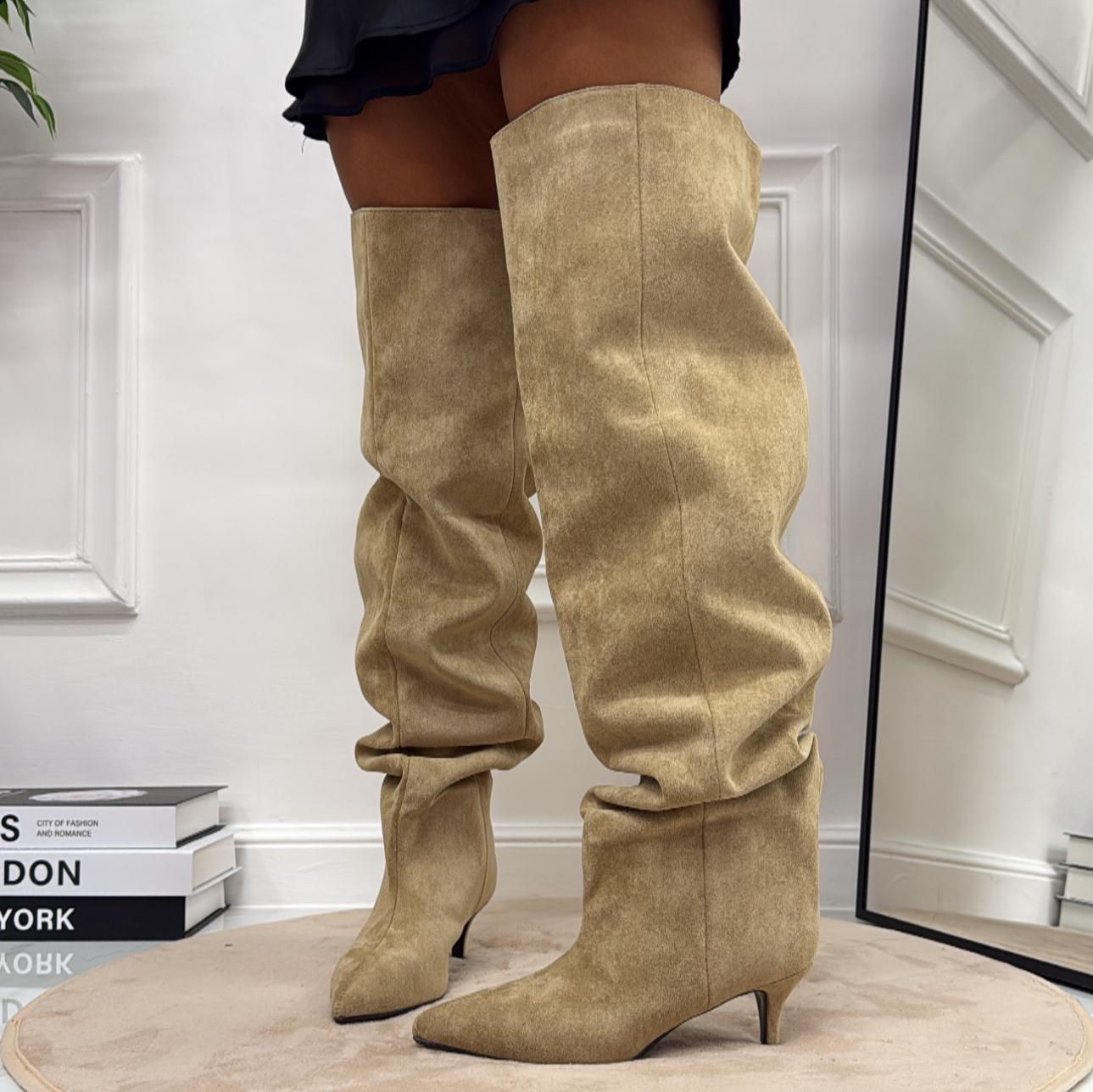 Laila - Stivale Donna Alto Tacco Punta Casual Elegante Beige