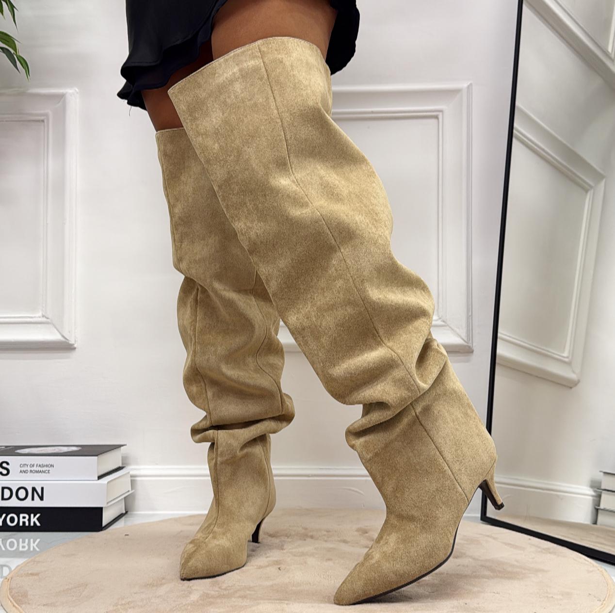 Laila - Stivale Donna Alto Tacco Punta Casual Elegante Beige