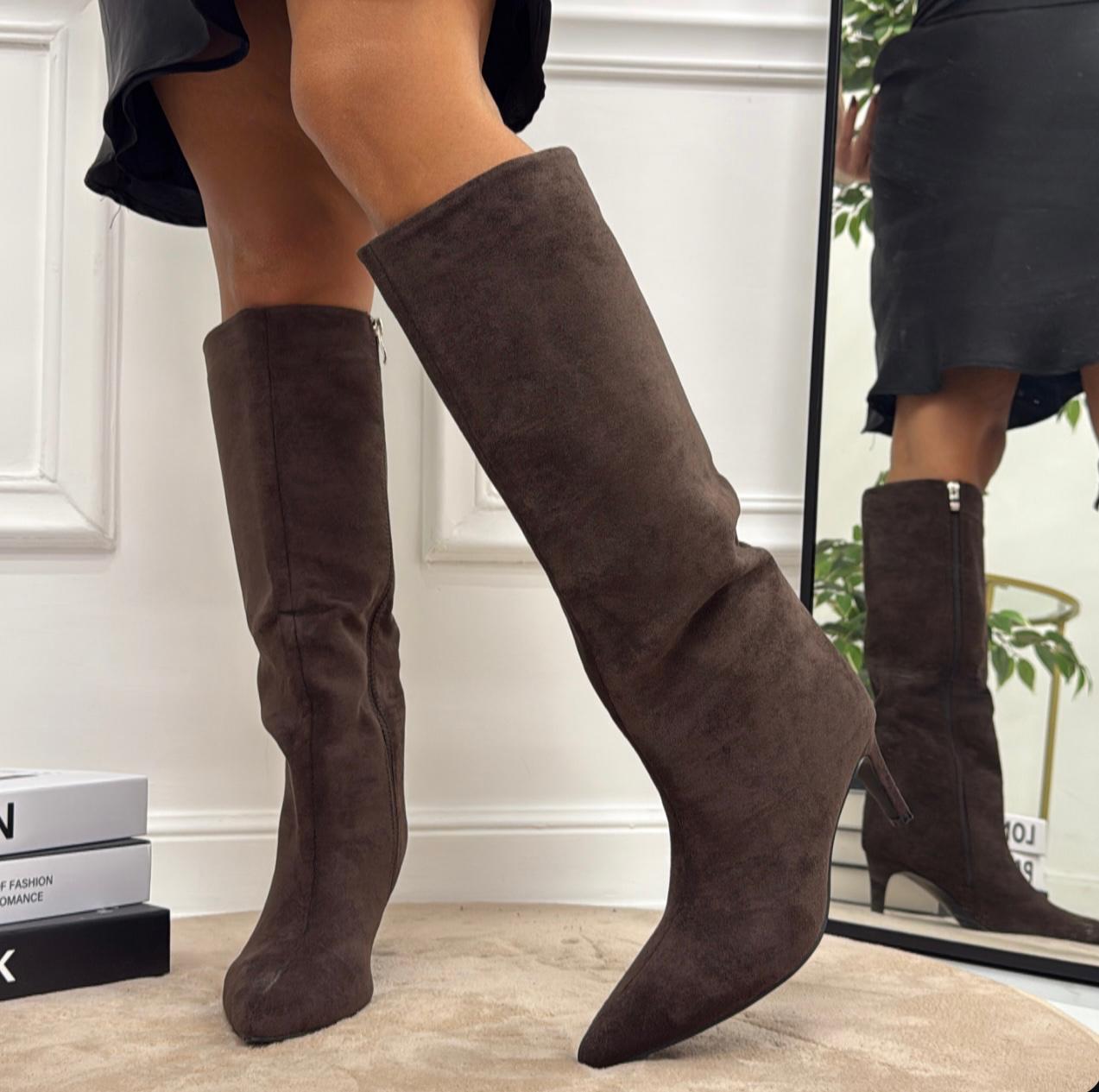Irene - Stivale Donna Alto Tacco Punta Casual Elegante Marrone