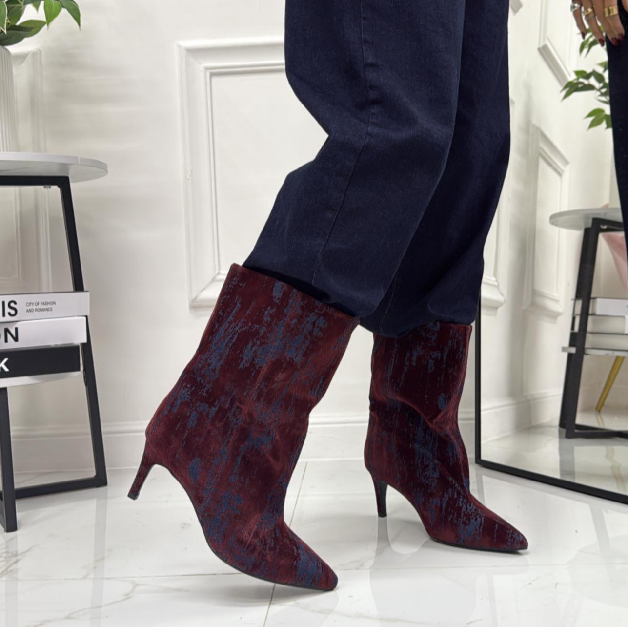 Ayla - Stivale Donna Alto Tacco Punta Casual Elegante Jeans Blu e Bordeaux