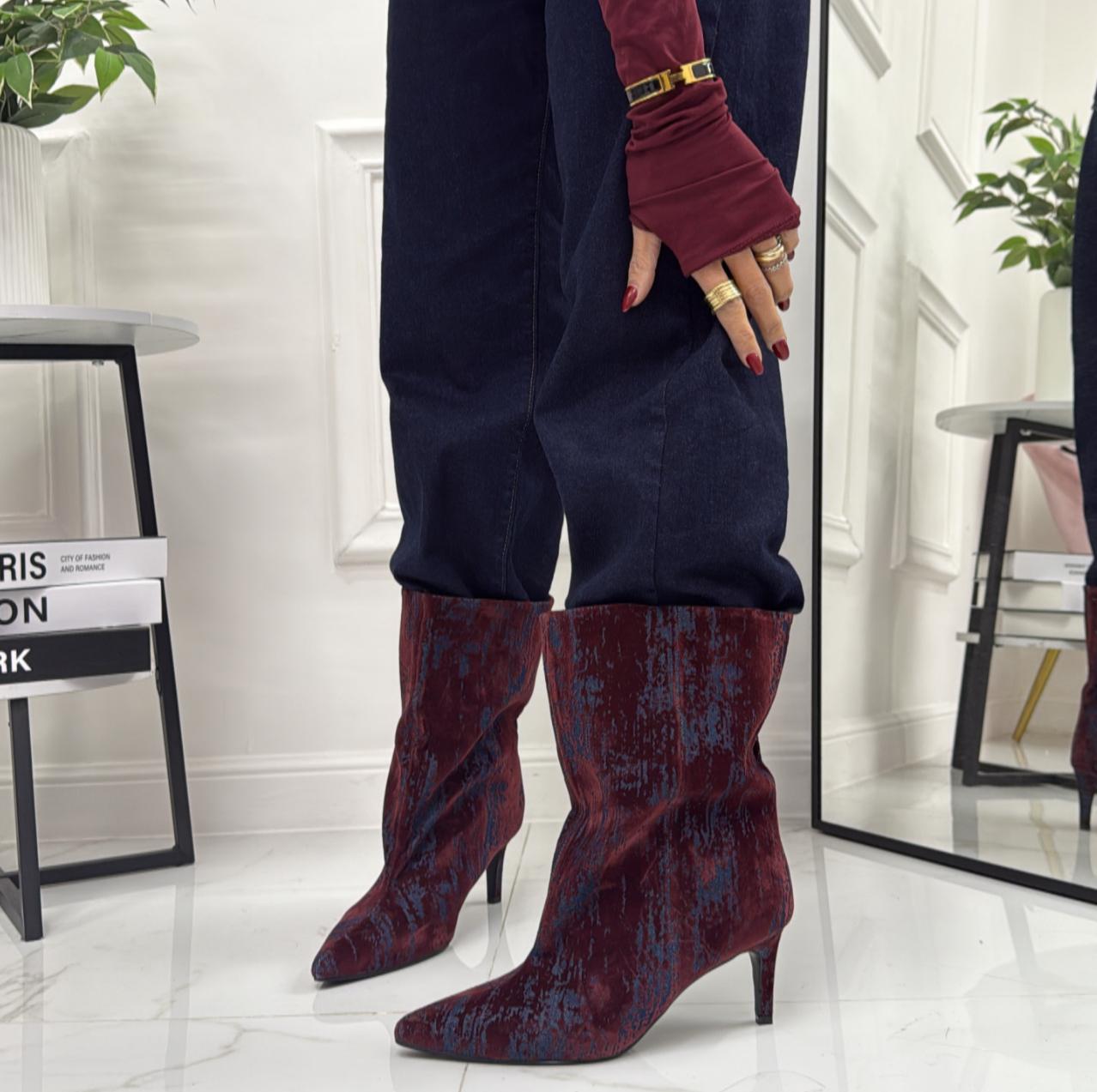 Ayla - Stivale Donna Alto Tacco Punta Casual Elegante Jeans Blu e Bordeaux