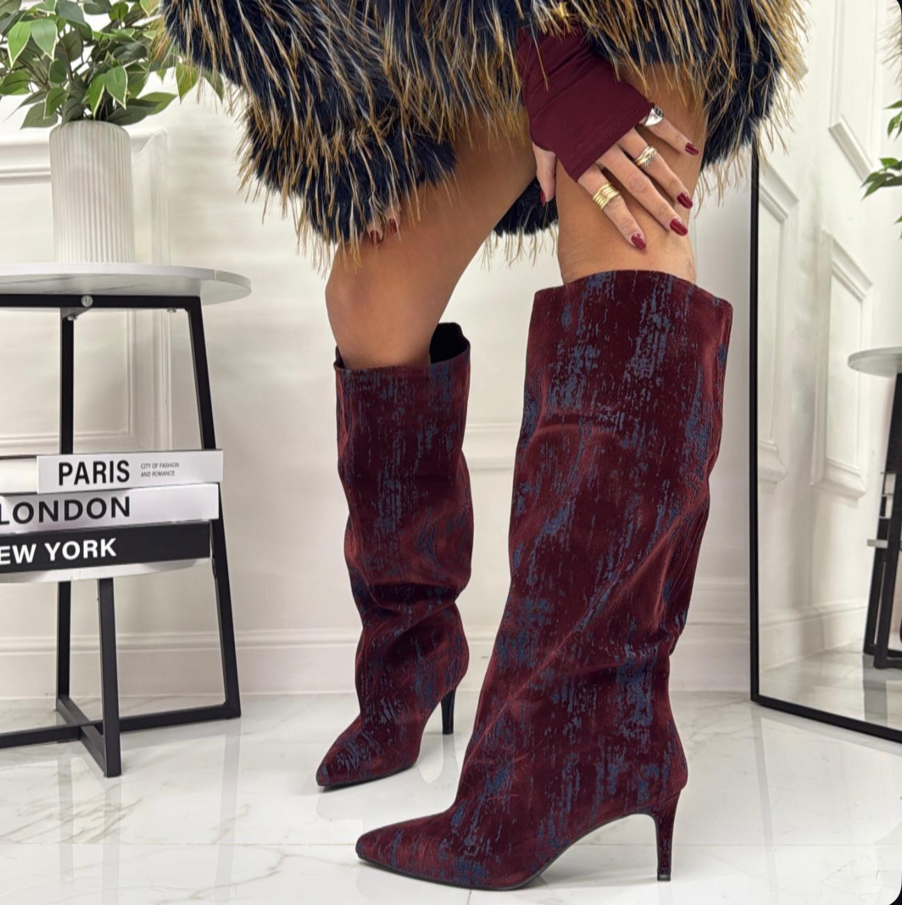 Naomi - Stivale Donna Alto Tacco Punta Casual Elegante Blu e Bordeaux